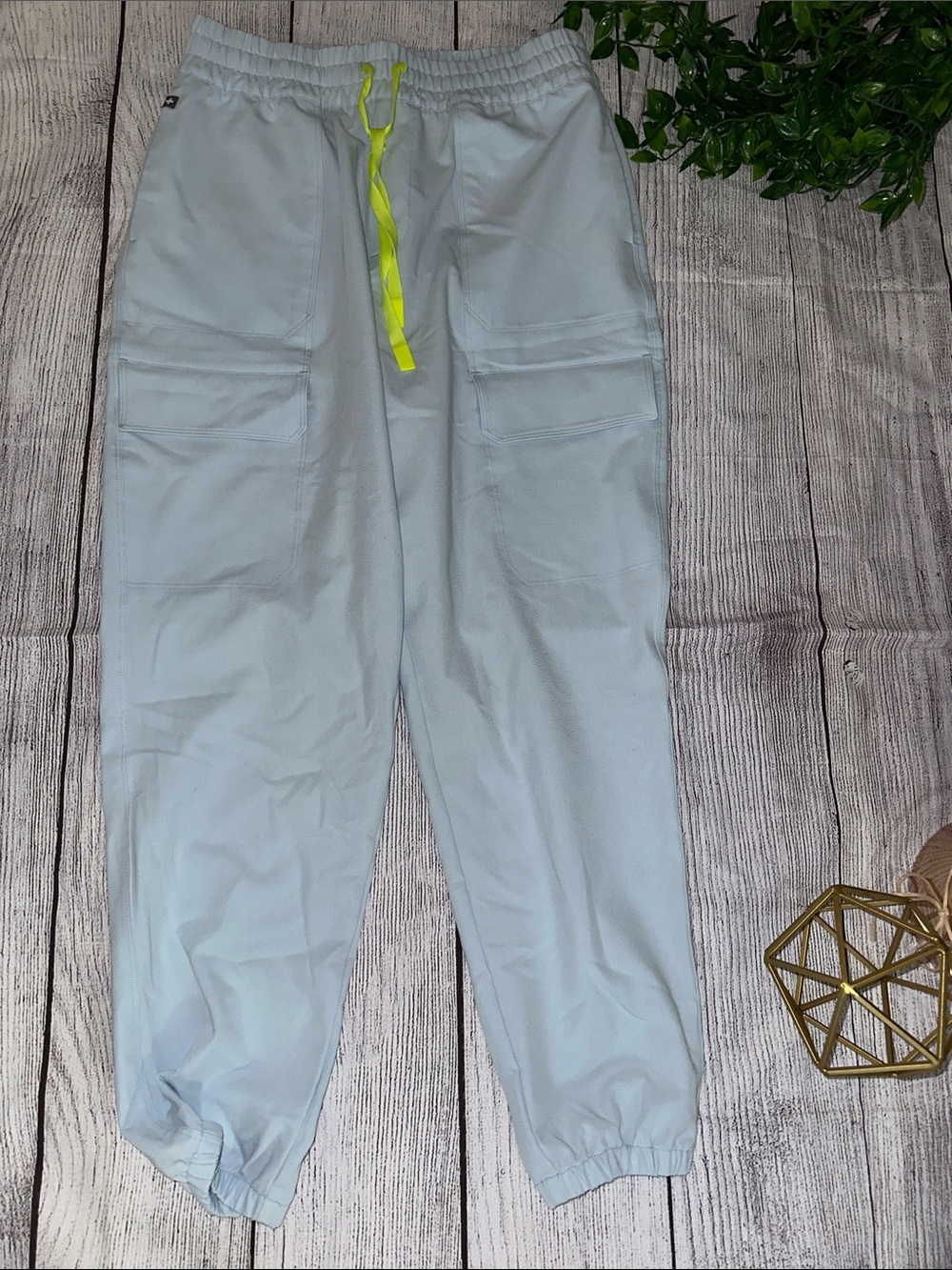 Light blue  Cargo figs  Joggers with Neon Yellow Drawstring